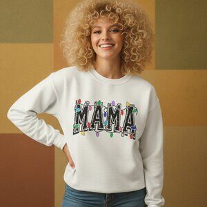 Mama Collegiate Graphic Sweatshirt with Christmas Lights Holiday Gift for Mom